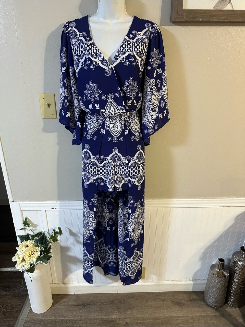 Kaari Blue Navy & White Paisley Print Jumpsuit